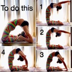 the woman is doing yoga poses on her stomach and back, with four different angles to do