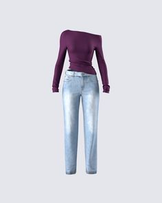 Chic and casual - this two-piece set is the perfect versatile look for work to dinner with the girls 💜 Featuring a burgundy asymmetrical top paired with blue denim low rise jeans for a look that screams "effortlessly chic"  😚 State Fair Outfits, Winter Palette, Fair Outfits, Back To School Fits, State Fair