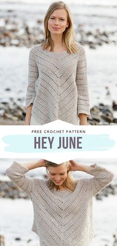 a woman wearing a crochet sweater with the text, free crochet pattern hey june