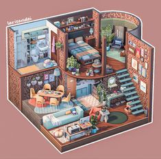 an illustrated drawing of a house that is in the middle of a living room and dining area