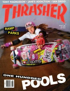 the cover of thrash magazine features a girl on a skateboard with her arms outstretched