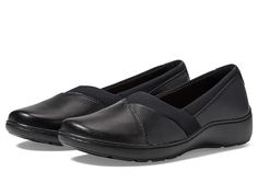 Clarks Cora Charm - Women's Flat Shoes : Black Leather : Give your feet a comfy support while on a footslog journey wearing the low-top Clarks Cora Charm Flats. These slip-ons feature an almond toe silhouette with classic leather upper construction with strategized stitching accents. Synthetic lining and cushioned insole. Synthetic rubber. Imported. Measurements: Heel Height: 1 10 13 in Weight: 7.745 oz Product measurements were taken using size 7, width B - Medium. Please note that measurements Cushioned Medium Width Slip-on Leather Shoes, Clarks Shoes Women Unstructured Size 6, Comfortable Black Slip-ons With Arch Support, Black Non-slip Flat Clogs, Black Non-slip Flat Walking Shoes, Women's Flat Shoes, Womens Clarks, Clarks Women's, Bling Shoes