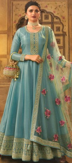 Blue color Salwar Kameez in Dolla Silk fabric with Thread, Zari work Silk Anarkali Gown, Silk Anarkali Suits, Prachi Desai, Celana Fashion, Silk Anarkali, Designer Anarkali Suits, Gown Suit, Karisma Kapoor, Designer Anarkali