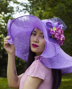 Purple Hats For Royal Ascot Races, Purple Wide Brim Hat For Races, Handmade Purple Party Hat, Lavender Wide Brim Hat For Kentucky Derby, Purple Short Brim Hat For Garden Party, Purple Wide Brim Summer Costume Hat, Summer Purple Wide Brim Costume Hat, Summer Wide Brim Purple Costume Hat, Purple Brimmed Hat For Wedding