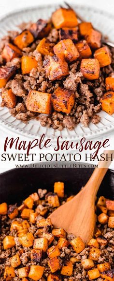 maple sausage and sweet potato hashbrowns in a skillet with a wooden spoon