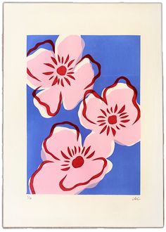 three pink flowers on a blue background with red and white lines in the middle,