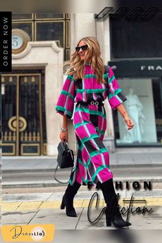 Casual and Loose Print A-line Dress with Waist Reduction Multicolor Belted Knee-length Dress, Multicolor A-line Dress For Work, Chic Multicolor Belted Midi Dress, Multicolor A-line Workwear Dress, Color Pick, Types Of Skirts, Printed Skirts, High Collar, Types Of Collars