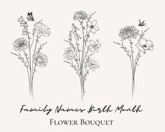 four flower bouquets with the words family flowers birth month written in black ink on a white background