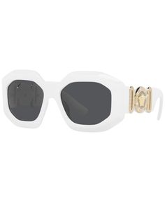 in stock Luxury Optic White Sunglasses For Summer, Designer Optic White Sunglasses With Gradient Lenses, Formal White Polarized Sunglasses, Luxury Optic White Sunglasses With Mirrored Lenses, Formal White Sunglasses With Mirrored Lenses, Luxury Optic White Sunglasses With Polarized Lenses, Versace Women, Rectangle Sunglasses, Eyewear Womens