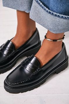 G.H. Bass Whitney Super Lug Loafers | Free People Lug Loafers, Platform Slip Ons, Loafers Outfit, Leather Apron, Statement Shoe, Black Leather Loafers, Black Loafers, Penny Loafer, Menswear Inspired