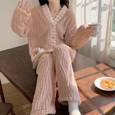 Color: Apricot Pink, Size: Free Size Cozy Beige Sleepwear For Winter, Flannel Pajamas, Kawaii Clothes, Mua Sắm, Two Piece Set, Set For Women, Apricot, Free Size, Pajamas