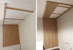 two pictures of the same room with wood slats