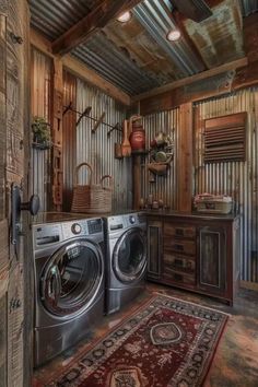 a washer and dryer in a room with wood paneling on the walls