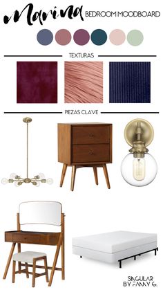 the color scheme for this bedroom mood board