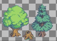 the pixel style trees are green and brown