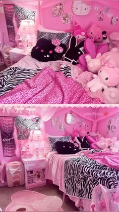 two pictures of a bedroom with pink walls and zebra print bedspread, teddy bears on the bed