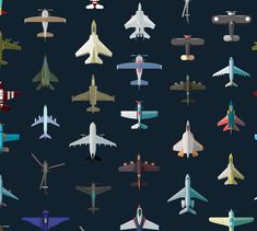 many different types of planes flying in the sky together on a dark blue background with red and white stripes