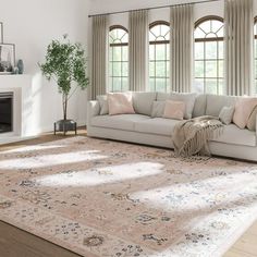 a living room filled with furniture and a large rug on top of a hard wood floor