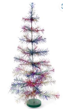 an artificial christmas tree with multicolored branches on a green base, in front of a white background