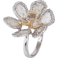 Feel the heartbeat of luxury in the Desert Blooms Sonora Ring, where captivating slice diamond petals encircle with brilliant cut diamonds, showcasing the elegant beauty of this chic flower-inspired masterpiece. Each petal whispers tales of resilience and hope, reminiscent of wildflowers blooming in the California desert, painting the arid landscape with breathtaking glory. Crafted with 1.93 carats of slice diamonds and adorned with .69 carats of brilliant diamonds, this ring embodies the spirit of enduring hope that triumphs adversity. Set in 18k mixed metal, its size 6.5 fit ensures comfort and style for the wearer. Elevate your ensemble with this symbol of strength and beauty, a testament to the unwavering spirit within.Features: 1.93 Carats of Slice Diamonds 0.69 Carats of Diamonds rin Luxury Jewelry With Rose Cut Diamonds In Flower Shape, Luxury Flower Ring With Halo Setting For Wedding, Elegant White Gold Flower Ring With Rose Cut Diamonds, Fine Diamond Cut Flower Ring, Elegant Wedding Flower Ring With Rose Cut Diamonds, Elegant Flower Ring With Rose Cut Diamonds For Wedding, Elegant Flower Diamond Ring With Accents, Elegant Diamond Flower Ring With Accents, Elegant Diamond Flower Ring With Diamond Accents