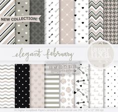 a collection of black and white digital papers with hearts, arrows, chevrons