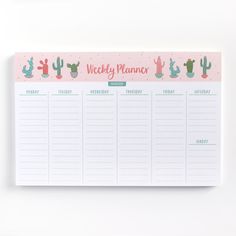 a weekly planner with cactuses on the side and pink background, in front of a white wall