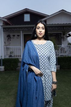 This print on print suit set comes with comfort bottoms of a Pakistani salwar and indigo mul mul dupatta. Finished with gota details. Block Print Mulmul Sharara With Straight Kurta, Unstitched Cotton Anarkali Set, Bollywood Style Cotton Lawn Suit With Printed Border, Cotton Palazzo Set With Dupatta, Bollywood Style Cotton Sharara With Block Print, Semi-stitched Cotton Blue Palazzo Set, Cotton Kurta With Printed Border For Diwali, Cotton Palazzo Set With Printed Border For Diwali, Cotton Block Print Sharara For Festivals