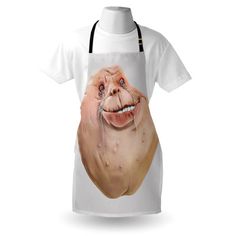 a white apron with an image of a smiling monkey on it's face and tongue