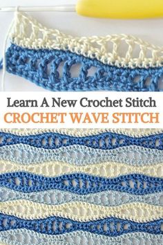 the crochet wave stitch pattern is shown in blue and white