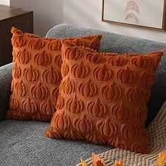 two orange pillows sitting on top of a blue couch