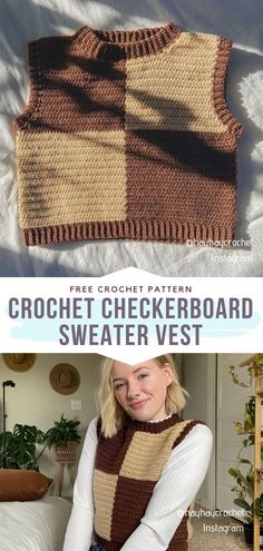 the crochet checkerboard sweater vest pattern is shown in two different colors