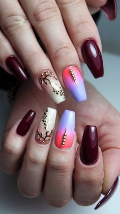 Channel luxury and sophistication with this gorgeous nail art! Rich burgundy polish, soft ombre nude shades, and gold 3D designs come together for a truly artistic and glamorous manicure. Perfect for events, parties, or anytime you want to feel fabulous!
#acrylicnails #decembernails #nailsdesign Soft Ombre, Gold Glam, Rich Burgundy, 3d Design