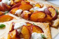 sliced peaches and cream on top of flat bread