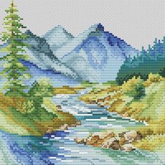 a cross stitch pattern with mountains and water in the foreground, trees on the other side