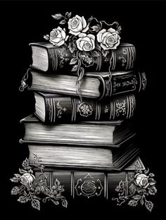 a stack of books with roses on top