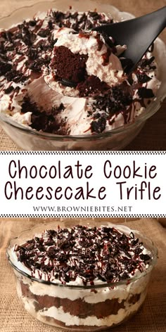 chocolate cookie cheesecake trifle in a glass dish