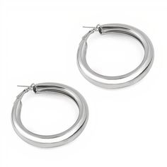 Stay on trend with these gold and silver plated thick hoops. - Care Instructions: Avoid contact with water, lotion, and perfume. Clean gently with a polishing cloth. Product Specifications: - Elegant and versatile design - Hypoallergenic for sensitive ears - Adds a touch of glamour to any outfit Minimalist Metal Hoop Earrings With Shiny Finish, Chic Silver Hoop Earrings Tarnish Resistant, Trendy Metal Jewelry With Shiny Finish, Trendy Silver Stainless Steel Hoop Earrings, Lotion And Perfume, Large Hoop Earrings, Chic Boutique, The Bathroom, Gold And Silver