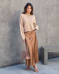 Parker Satin Midi Skirt - Caramel Oshnow Fall Satin Long Skirt, Satin Long Skirt For Fall, Satin Skirt Outfit Classy, Business Casual Outfits Winter, Satin Skirt Outfit, Off Shoulder Evening Gown, Elegant Classy Outfits, Maxi Skirt Outfits, Satin Midi Skirt