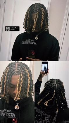 Blonde Loc Highlights, Twist Out Locs Men, Dread Hair Color Ideas Men, Dyed Men Locs, Locs Hairstyles For Man, Mid Taper With Curls, Black Dreads With Blonde Highlights Men, Curly Dreads Men Locs, Dreads With Color Men