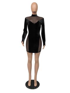 Fashion Gauze Velvet Patchwork Long Sleeve Bodycon Mini Dress Fitted Knee-length Bodycon Dress With Sheer Sleeves, Knee-length Bodycon Dress With Sheer Sleeves, Bodycon Knee-length Mesh Dress For Date Night, Chic Fitted Mini Dress With Splicing, Sheer Bodycon Knee-length Mini Dress, Fitted Knee-length Dress With Splicing Details, Fitted Knee-length Dress With Splicing, Stretch Knee-length Bodycon Dress With Sheer Sleeves, Knee-length Fitted Dress With Splicing