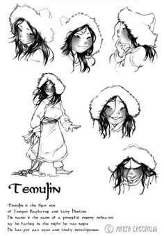 some drawings of people in winter clothes and hats with the words temyn written on them