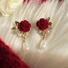 Material: Flocking Fashion Element: Camellia Style: Sweet Red Jewellery, Half Flower, Simple Jewellery, Hot Clothes, Red French, Gold Necklace Indian, Coral Rose, Gold Necklace Indian Bridal Jewelry, Funky Earrings