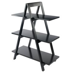 a black shelf with three shelves on each side