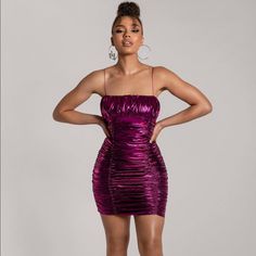 Metallic Magenta Minidress New With Tags Perfect Party Dress! Skinny Spaghetti Straps, Zipper Down Back, Plenty Of Stretch Dressy Mini Dress With Spaghetti Straps, Dressy Fitted Mini Dress With Spaghetti Straps, Ruched Strapless Mini Dress For Party Season, Flirty Spaghetti Strap Dress For Date Night, Purple Spaghetti Strap Dress For Party Season, Glamorous Ruched Dress With Spaghetti Straps, Glamorous Ruched Spaghetti Strap Dresses, Glamorous Spaghetti Strap Dress With Ruched Detail, Purple Spaghetti Strap Bodycon Evening Dress