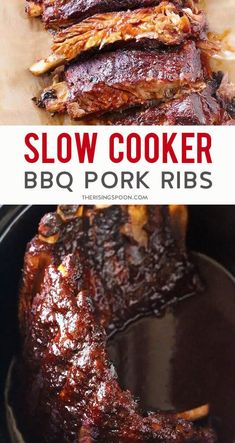 slow cooker bbq pork ribs in a skillet with text overlay that says slow cooker bbq pork ribs