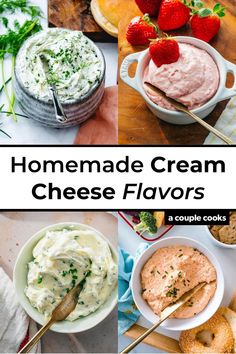 homemade cream cheese flavored dips in bowls with strawberries on the side