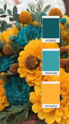 Yellow Complementary Color Palettes, Yellow Contrast Color Combinations, Wedding Color Palette Yellow, Crochet Colorways, Blue Yellow Green Color Palette, Complementary Color Palette, Unique Fall Wedding, Winter Wedding Color Ideas, Fall Wedding Color Ideas