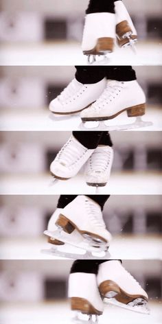 four different shots of someone's feet and their skates