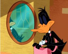 a cartoon duck wearing a hat and holding a pink bag in front of a mirror