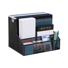 a black desk organizer with notepads, pens and other office supplies in it